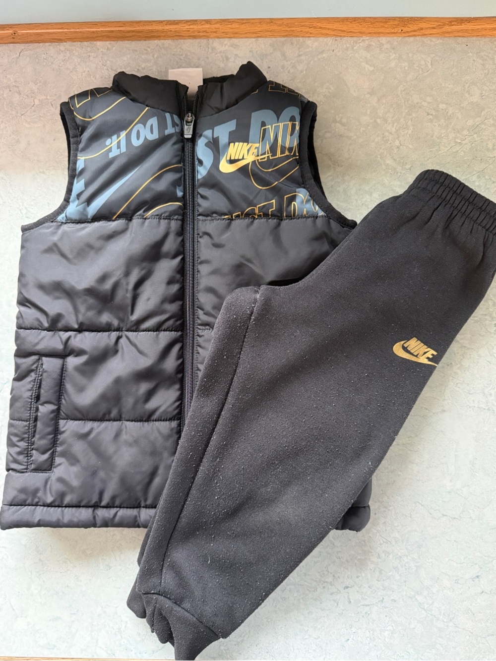 Nike Black & Gold Kids Puffer Vest and Joggers Set